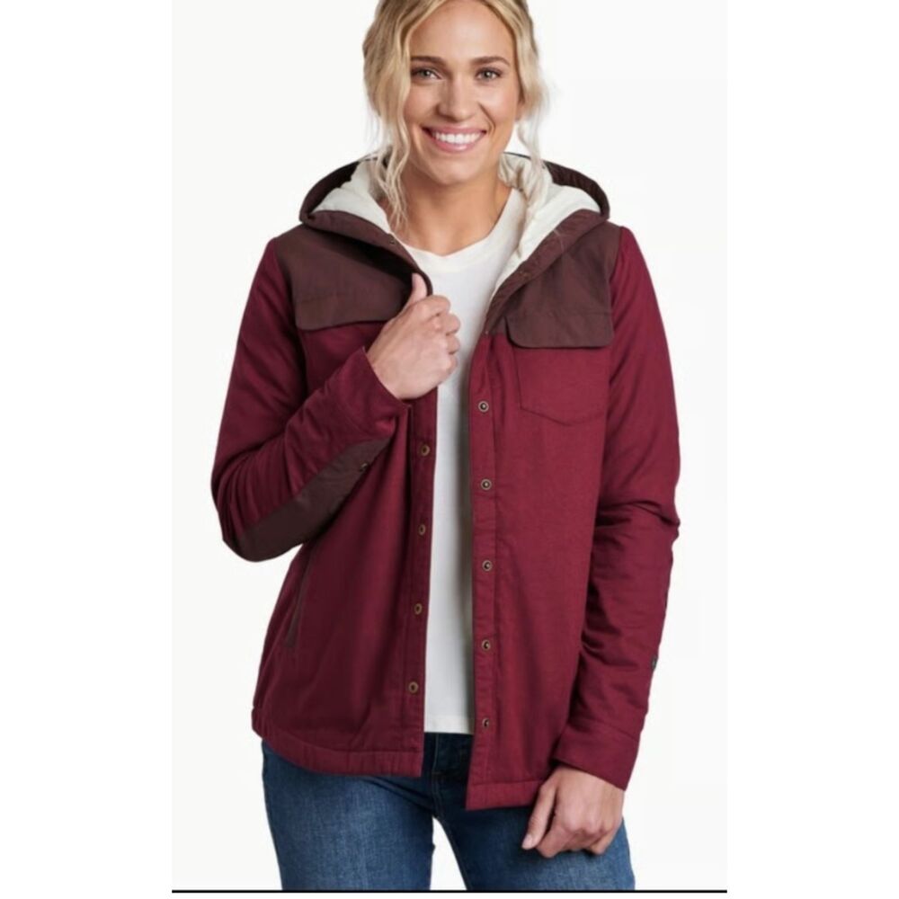 NWT Womens Large Kuhl Artisan Hooded Shirtjak coat Jacket L Maroon Zinfandel